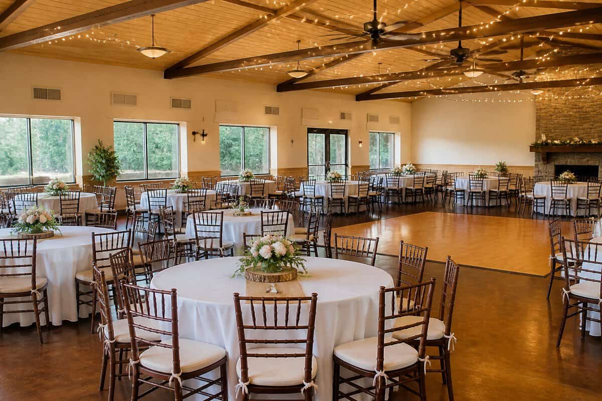 A modest wedding reception hall set up with tables, chairs, floral centerpieces, and warm lights.