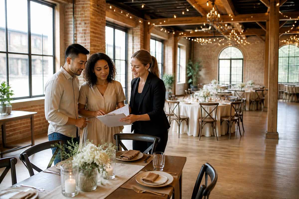 A couple and a venue coordinator compare seating arrangements inside an affordable wedding reception venue.