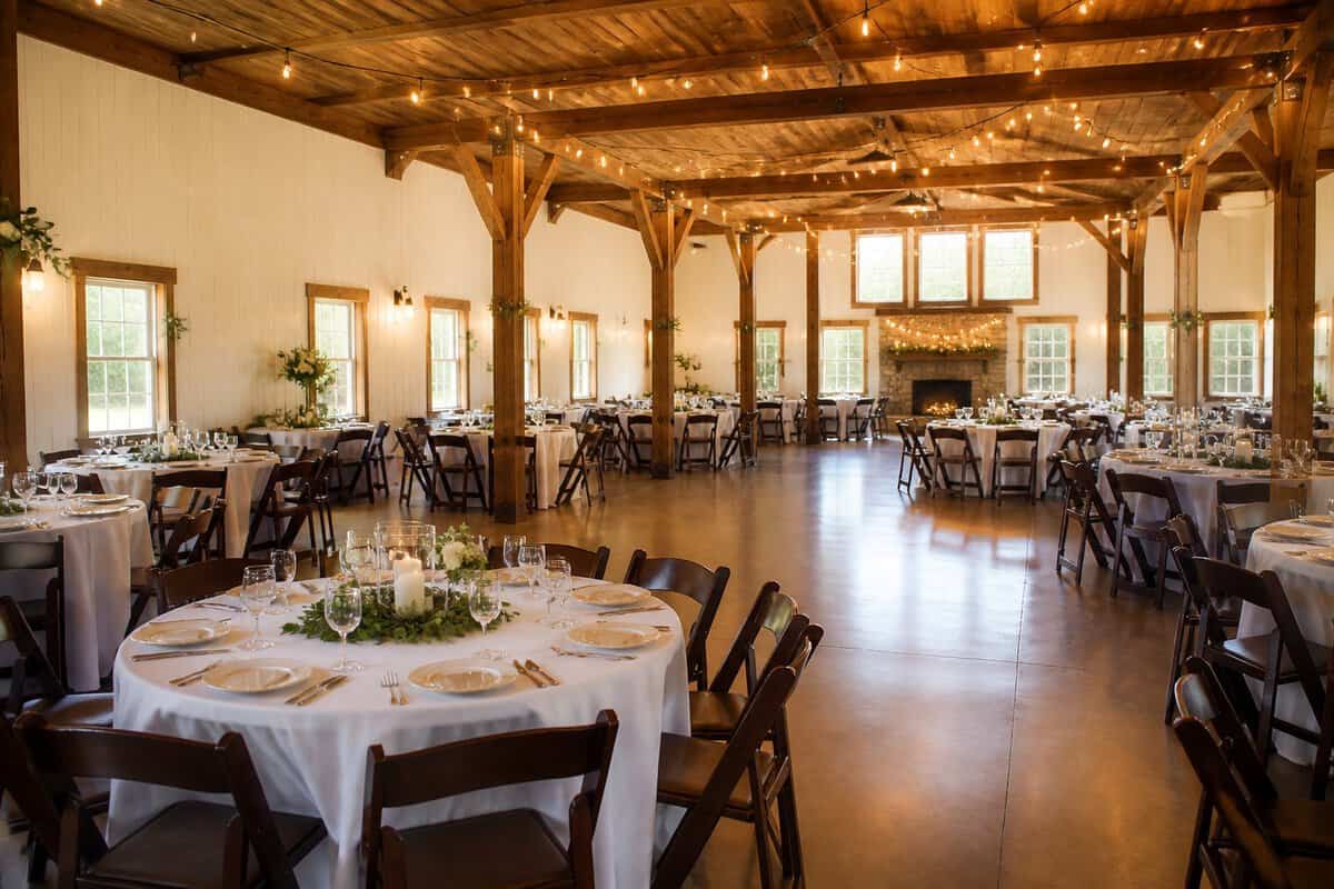 A warmly lit wedding reception venue with tables, simple floral centerpieces, string lights, and an open dance floor.