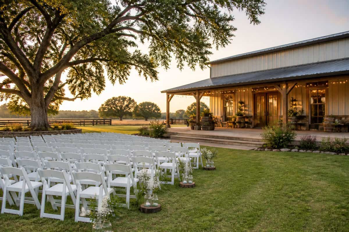 A modest rustic wedding venue with outdoor chairs, simple flowers, and string lights in a Texas setting.