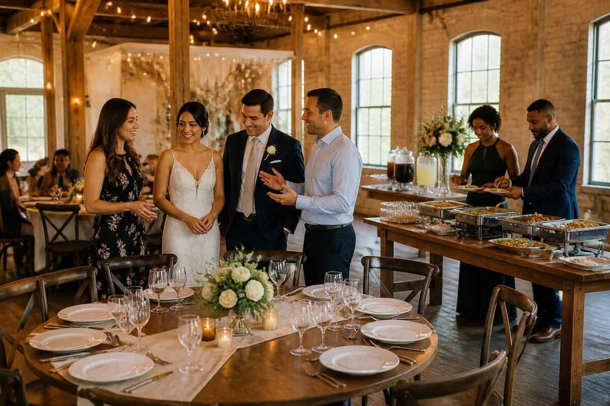 A couple reviews an affordable wedding reception setup with tables, flowers, catering, and lighting in a welcoming Fort Worth venue.