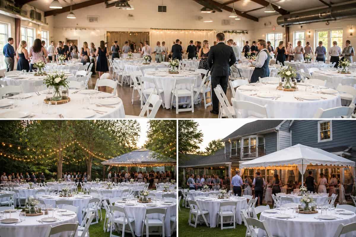 A wedding reception setup showing indoor, outdoor, and backyard venue options with tables, chairs, simple decorations, and guests.