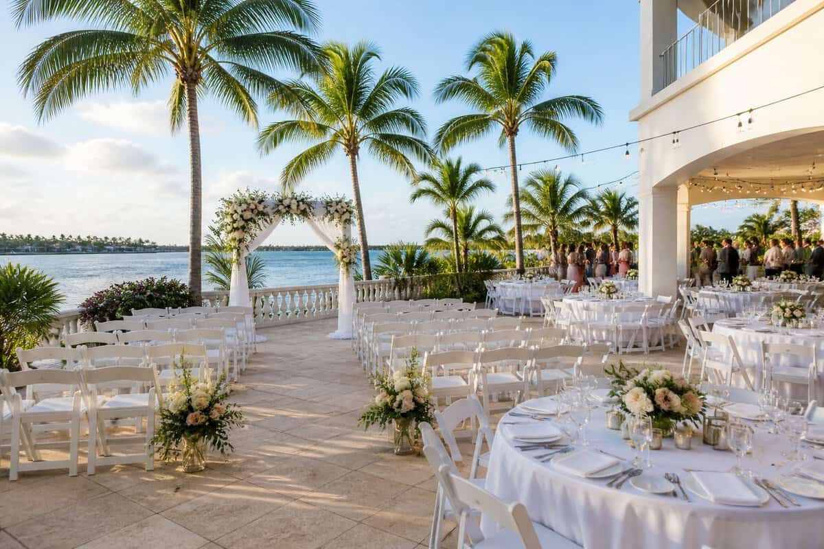 A modest waterfront wedding venue in Fort Lauderdale with white chairs, floral decorations, palm trees, and reception tables.