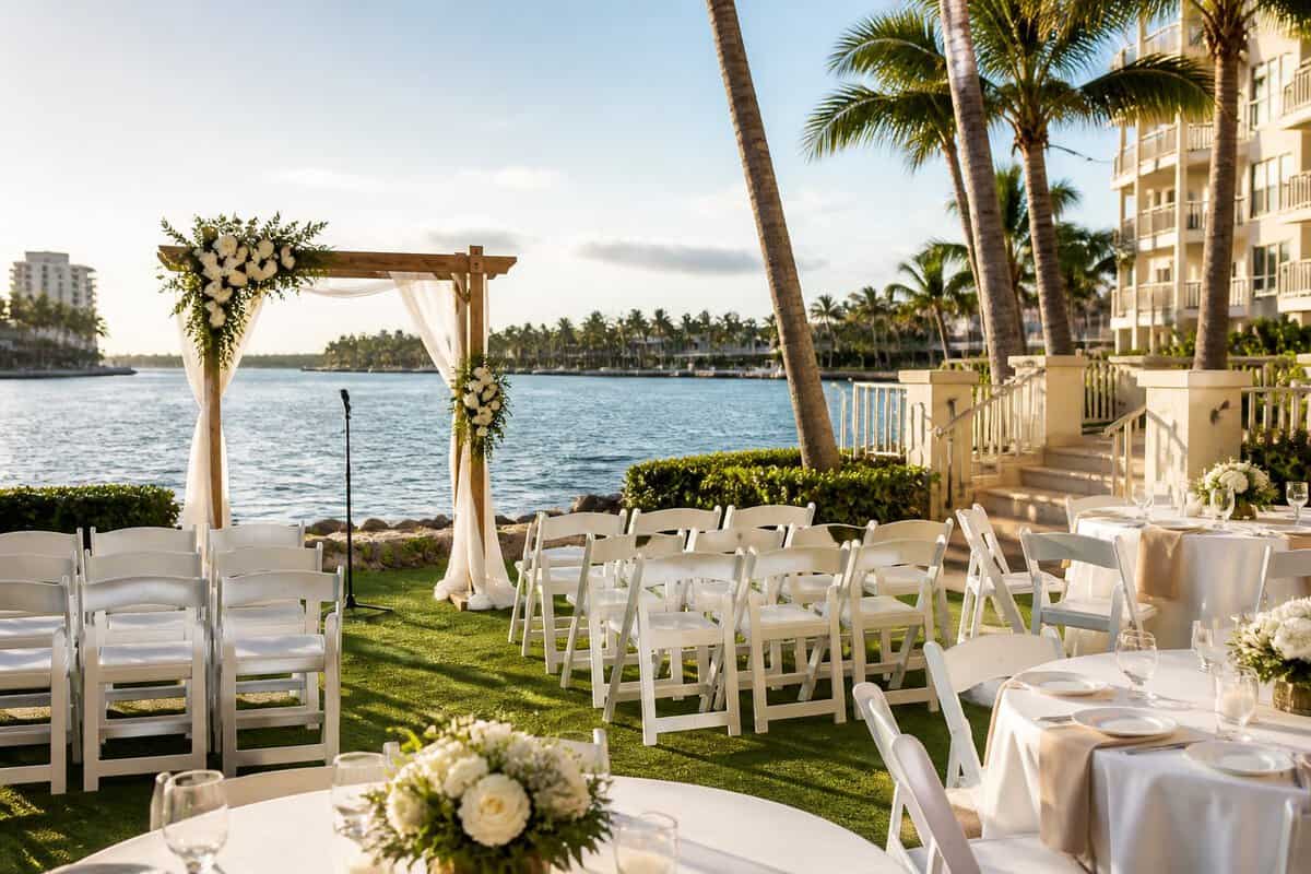 Waterfront resort wedding setup with white chairs, floral ceremony decor, palm trees, and calm blue water.