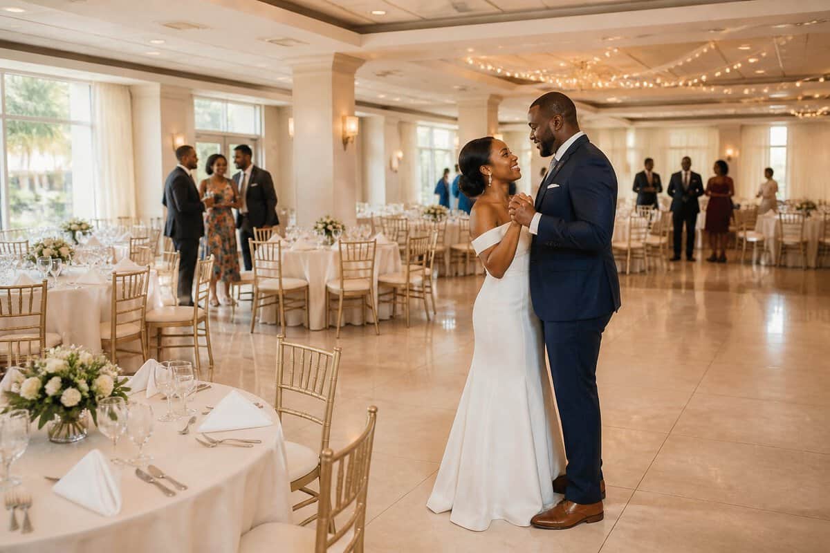 A couple and guests celebrate at a warmly decorated wedding reception in a spacious ballroom.