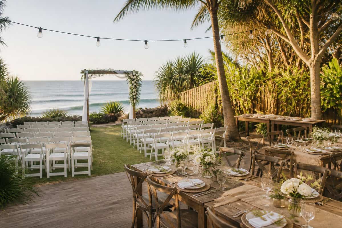 An affordable outdoor wedding venue with simple seating, floral decorations, and a reception table near a lush coastal landscape.