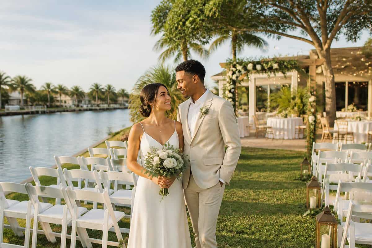 A couple stands beside a simply decorated outdoor wedding ceremony at a Fort Myers venue surrounded by tropical greenery.