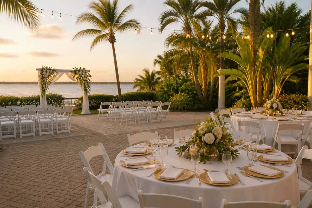 An elegant outdoor wedding venue with white chairs, floral decorations, and tropical greenery.