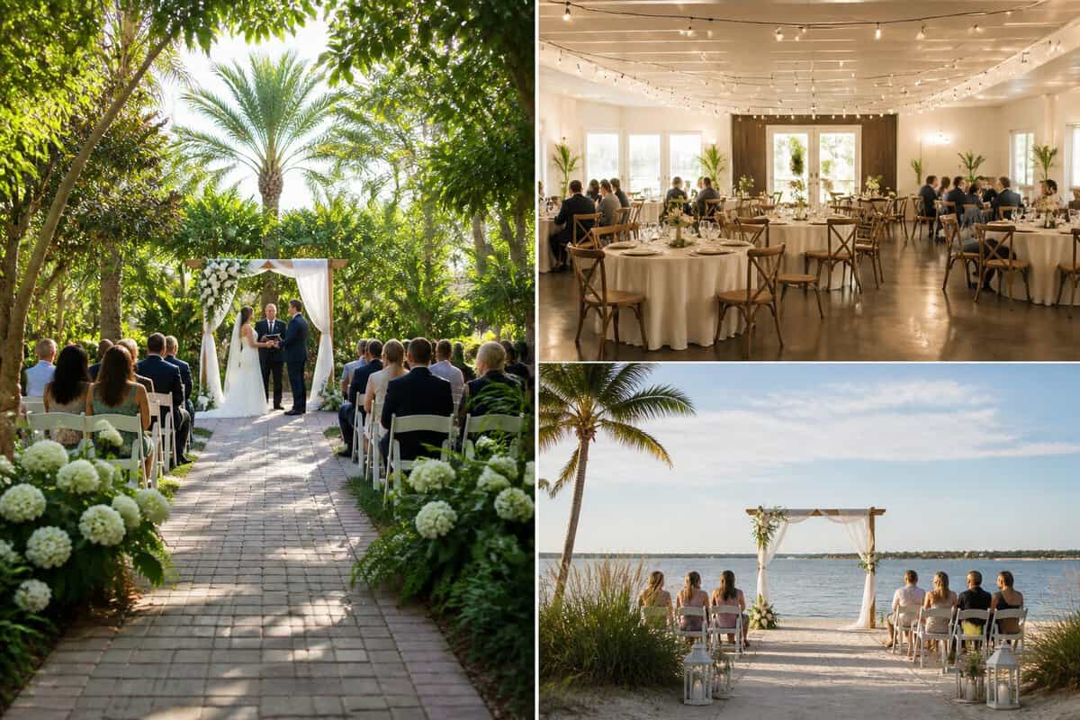 Three affordable wedding venue settings in Fort Myers: a garden, an indoor reception hall, and a waterfront ceremony area.