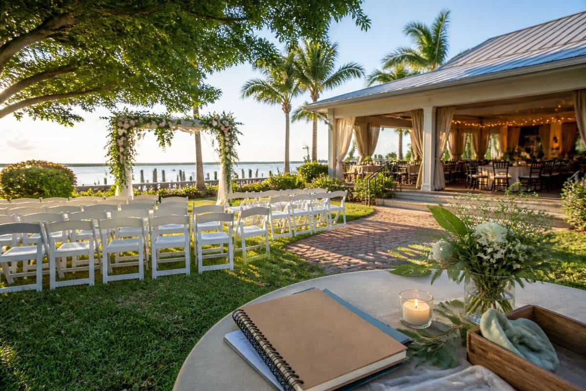 A modest outdoor wedding venue in Fort Myers with garden seating, a floral arch, and a simple reception setup.