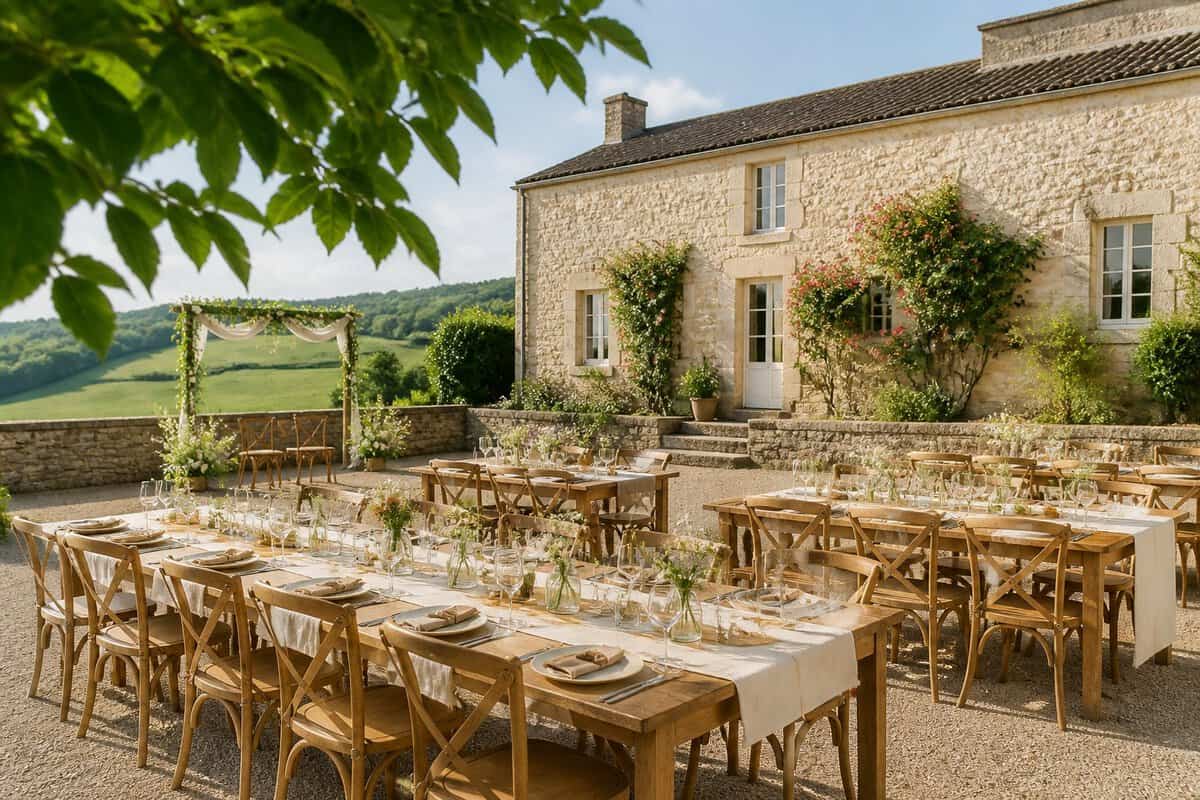 A modest French countryside wedding venue with a stone building, garden ceremony setup, wooden tables, and simple floral decorations.