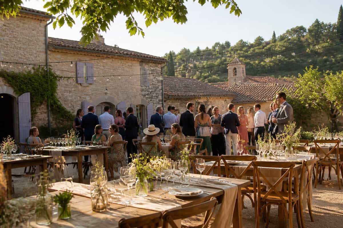 A modest French countryside wedding venue with simple tables, wildflowers, and guests gathered in a stone courtyard.