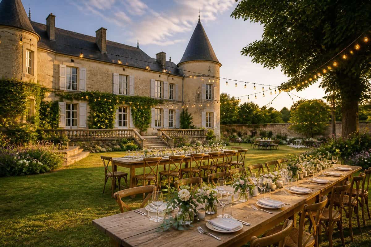 A charming French countryside wedding venue with a garden and simply decorated outdoor reception tables.