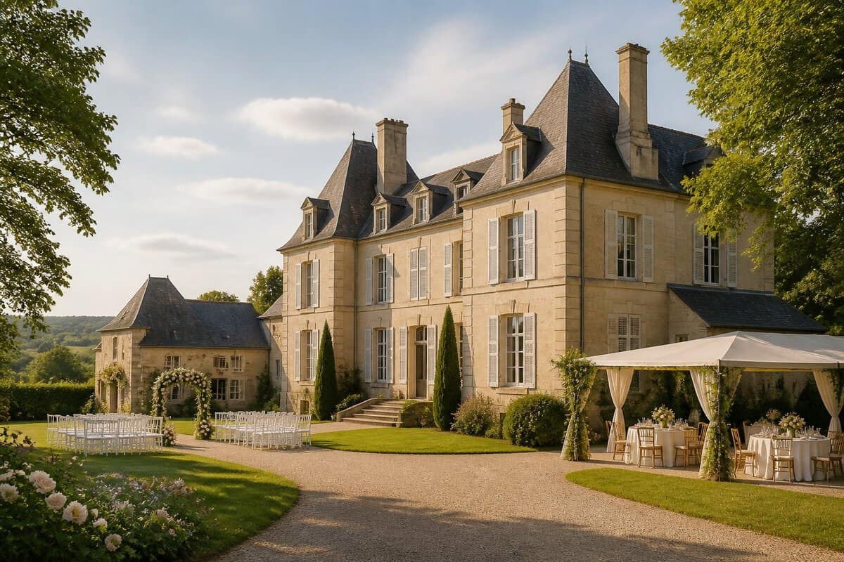 A charming French château and manor venue surrounded by gardens, with simple wedding chairs and tables arranged on the lawn.