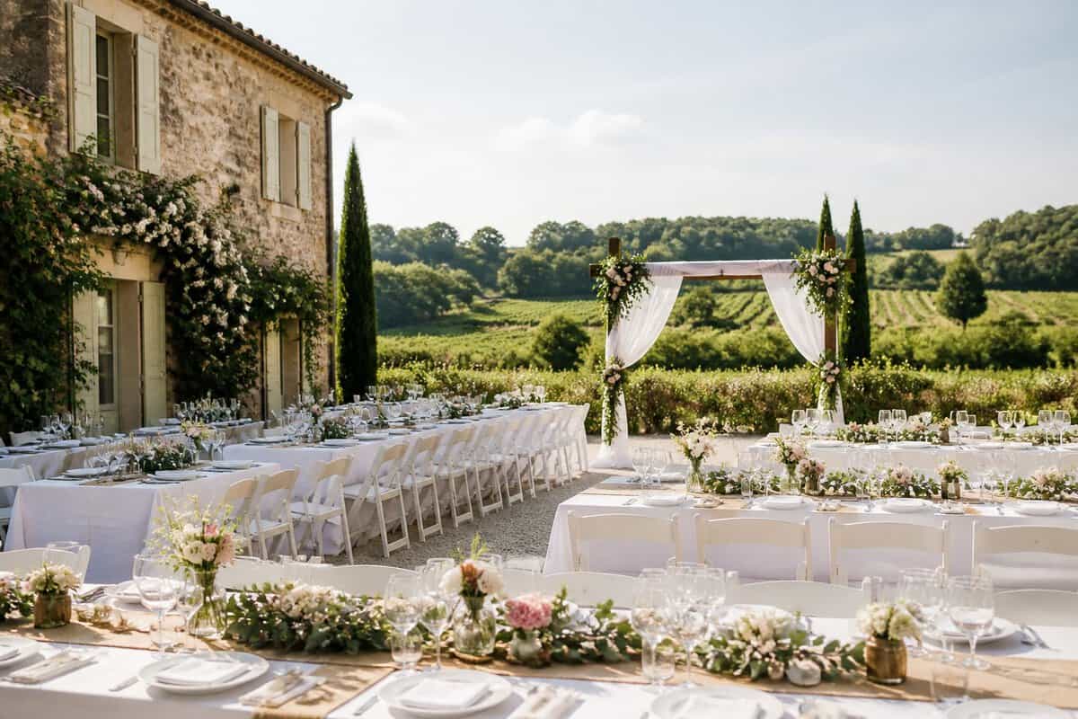 An intimate outdoor wedding setup beside a charming French countryside venue.