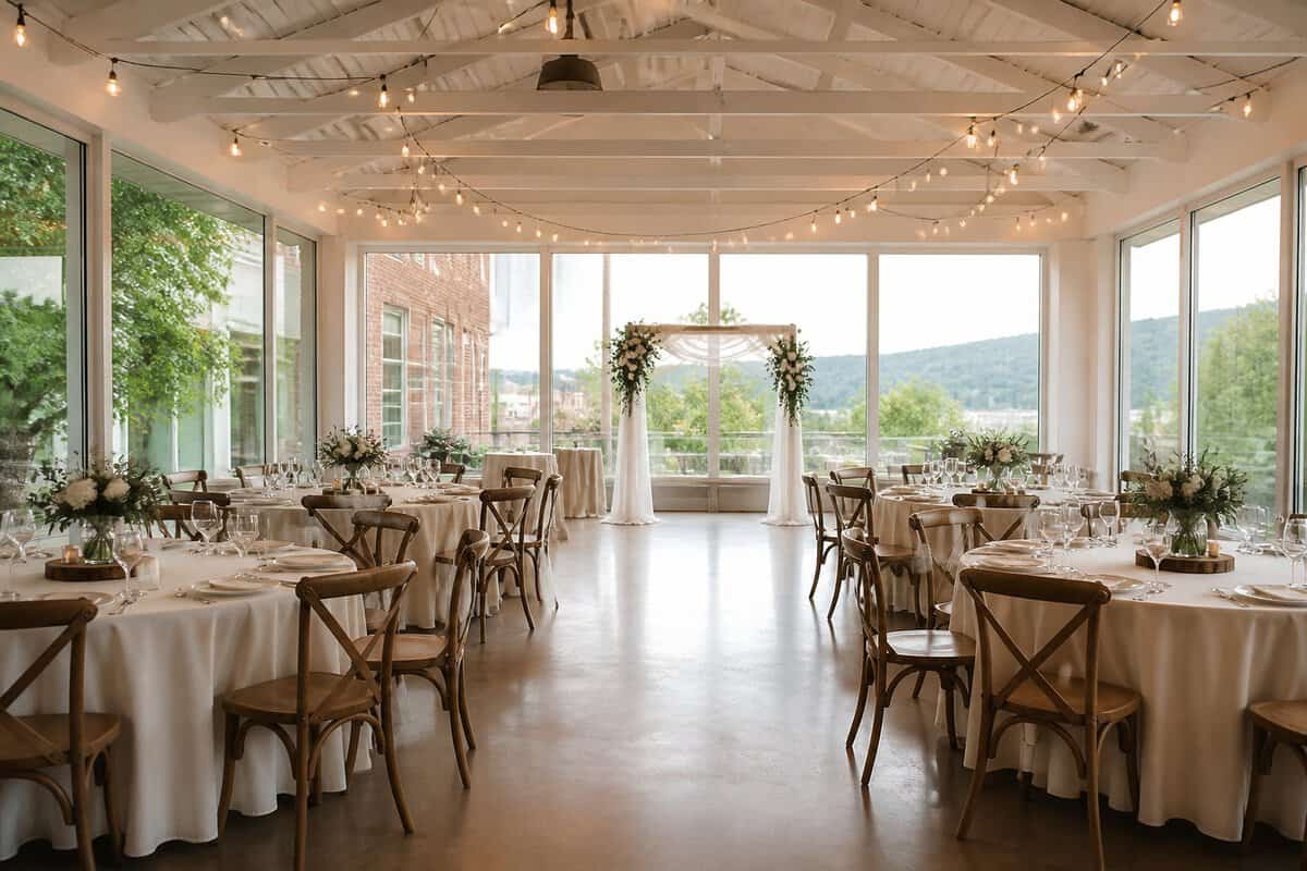 A welcoming wedding reception venue in Hamilton with simple elegant decorations and greenery visible through the windows.