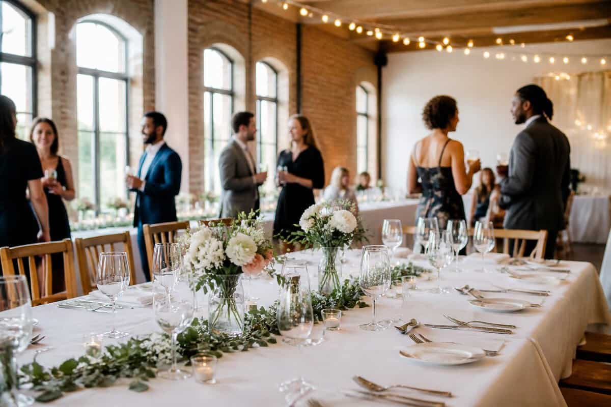 Guests celebrate at an elegant, modestly decorated wedding reception in a bright venue.
