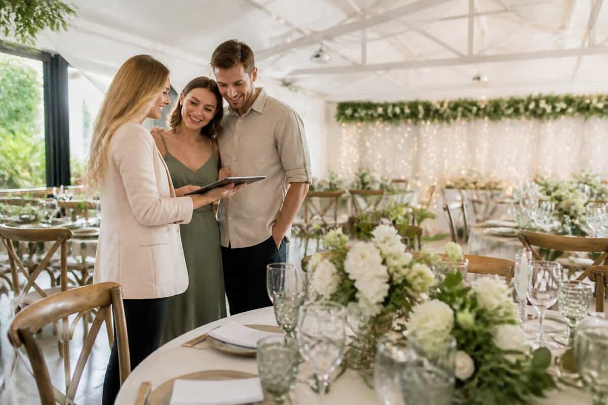 A couple discusses wedding reception plans with a coordinator in an elegant, affordable-looking venue.