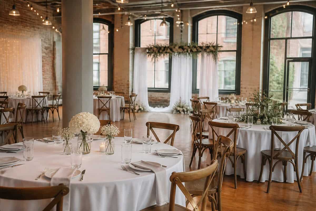 A decorated wedding venue with round tables, floral centerpieces, and a small ceremony area.