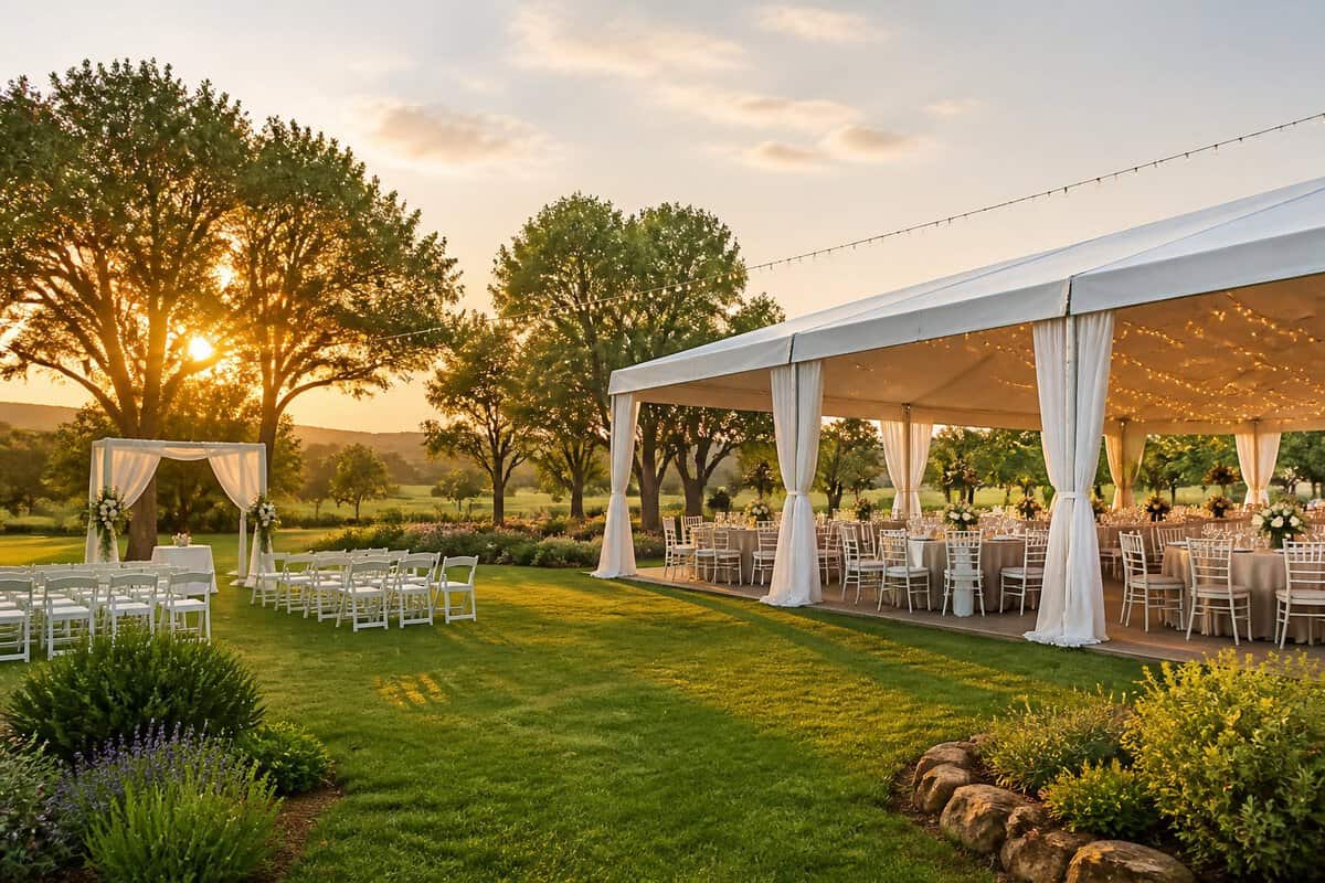 A simple elegant wedding venue with a garden, white reception marquee, and outdoor ceremony area.