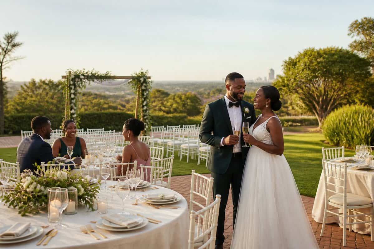 A couple and guests celebrate at an elegant outdoor wedding venue in a landscaped Gauteng garden.