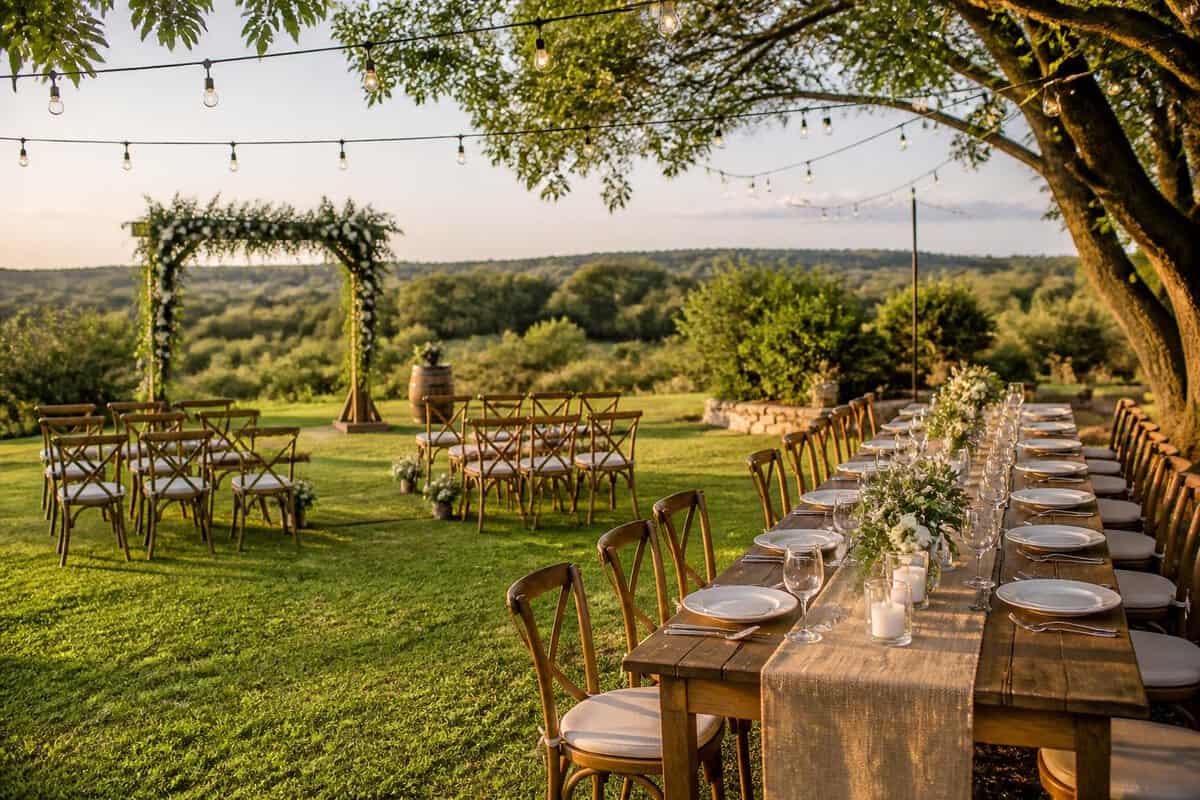 An intimate outdoor wedding setup on a green countryside venue with simple tables, chairs, flowers, and a ceremony arch.