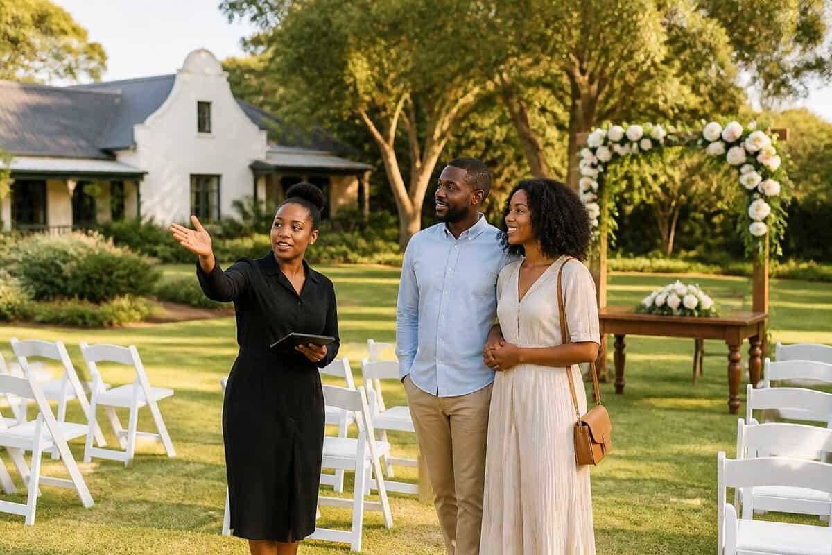 A couple tours an affordable garden wedding venue in Gauteng with simple ceremony seating and a floral arch.