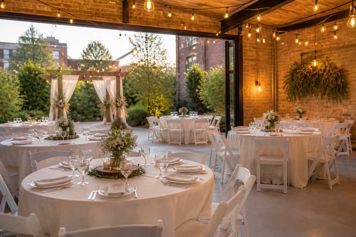 A warmly lit wedding reception venue with simple floral centerpieces, round tables, string lights, and greenery.