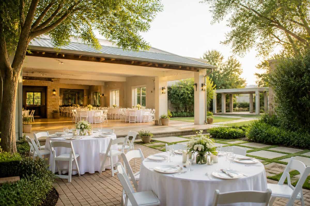 A modest wedding venue with a garden, reception hall, and neatly arranged tables.
