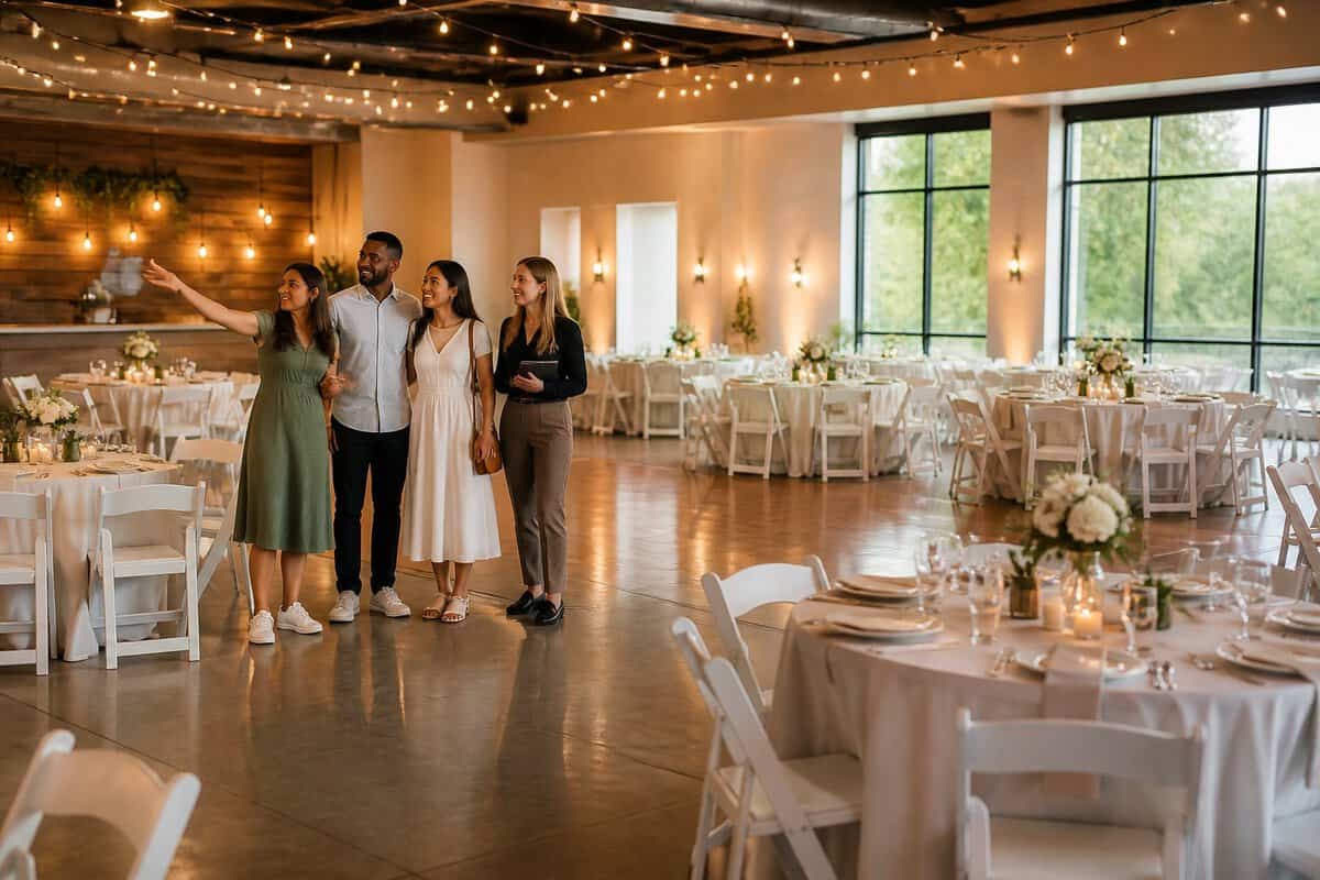 A couple and guests admire a warmly decorated, budget-friendly wedding reception venue.