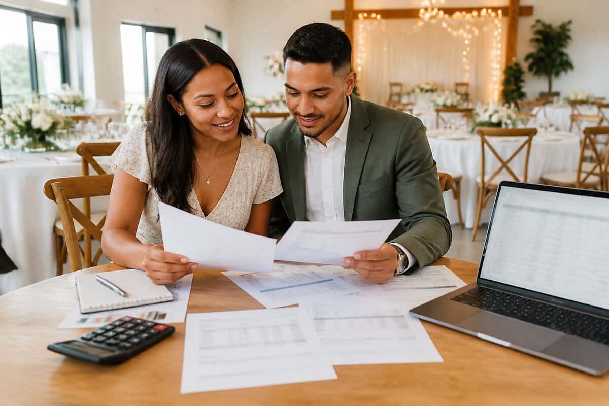 A couple compares wedding venue quotes and budget materials at a table in an elegant event space.