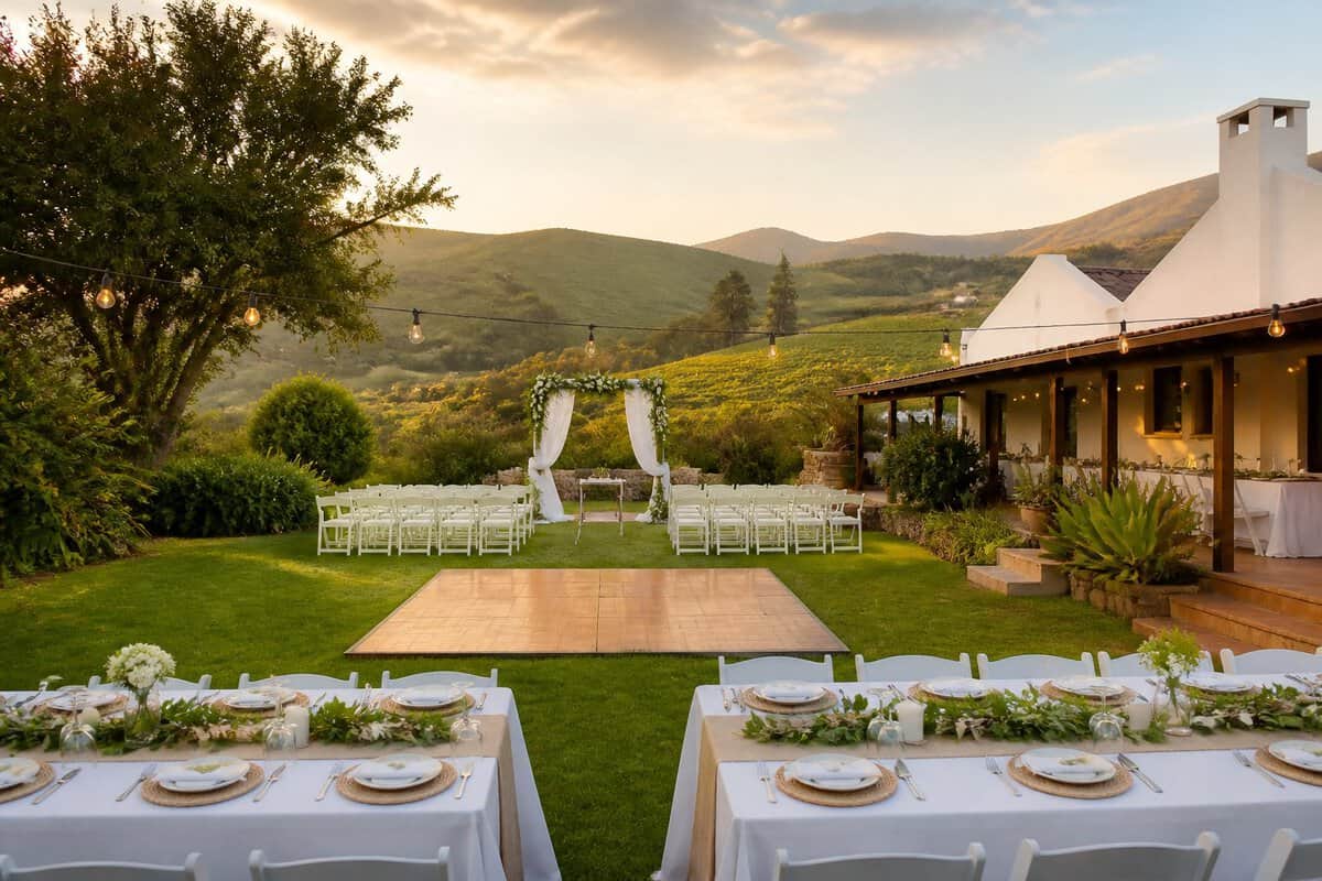 A simple outdoor wedding venue with white chairs, floral decorations, string lights, and green KwaZulu-Natal hills in the background.