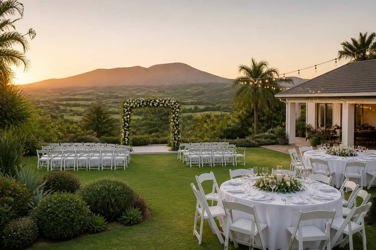 An elegant outdoor wedding venue with garden seating, simple floral decorations, and hills in the background.
