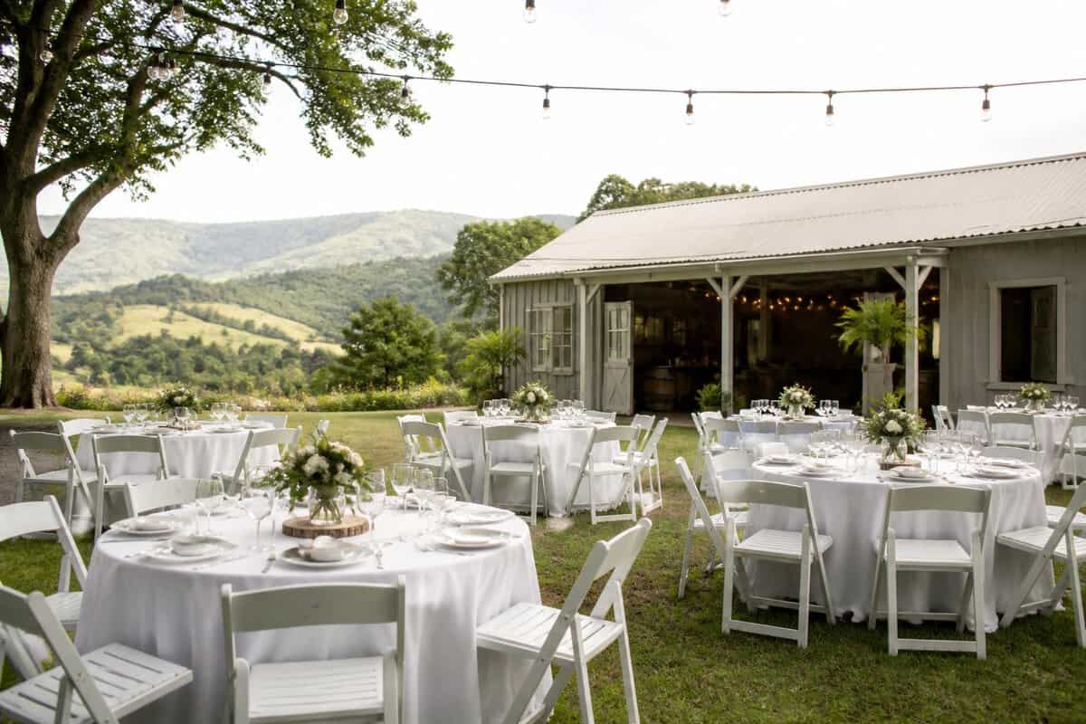 An affordable outdoor wedding reception set up at a scenic venue in KwaZulu-Natal.