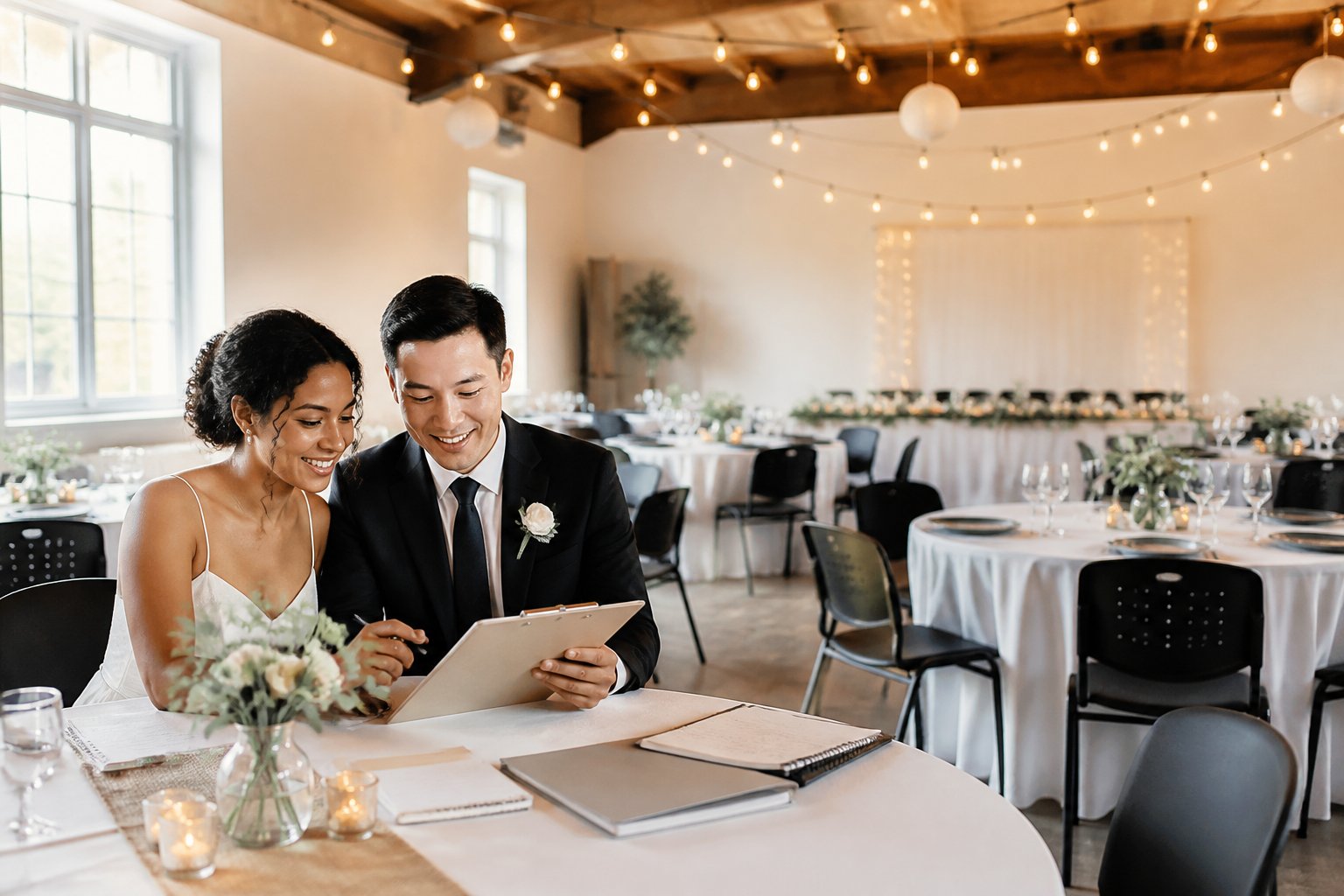 A couple reviews wedding planning materials at a modestly decorated reception venue.