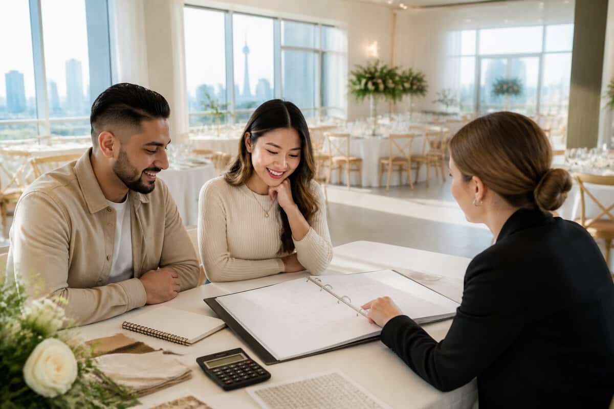 An engaged couple compares wedding venue options with a coordinator at a bright event space.