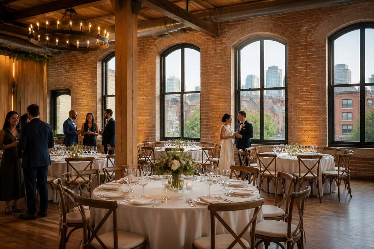 An intimate wedding reception in a historic urban venue with simple floral decorations, warm lighting, and diverse guests.