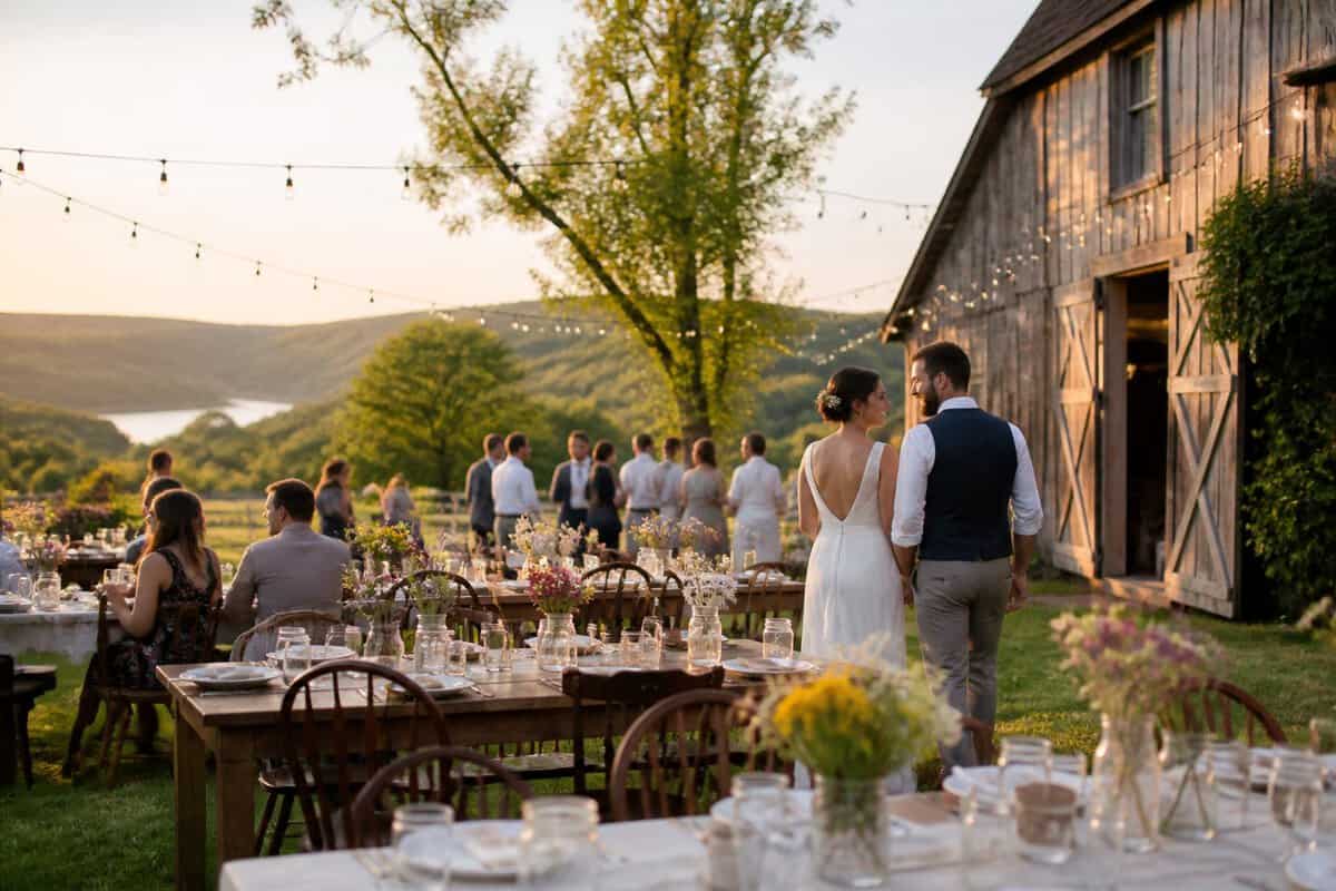 An intimate outdoor wedding reception at a rustic Hudson Valley venue with rolling green hills in the background.