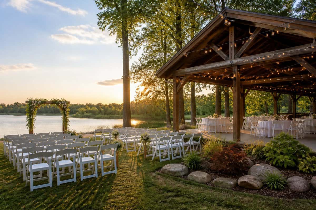 A simple outdoor wedding setup beside a calm waterfront with rustic shelter, chairs, flowers, and string lights.