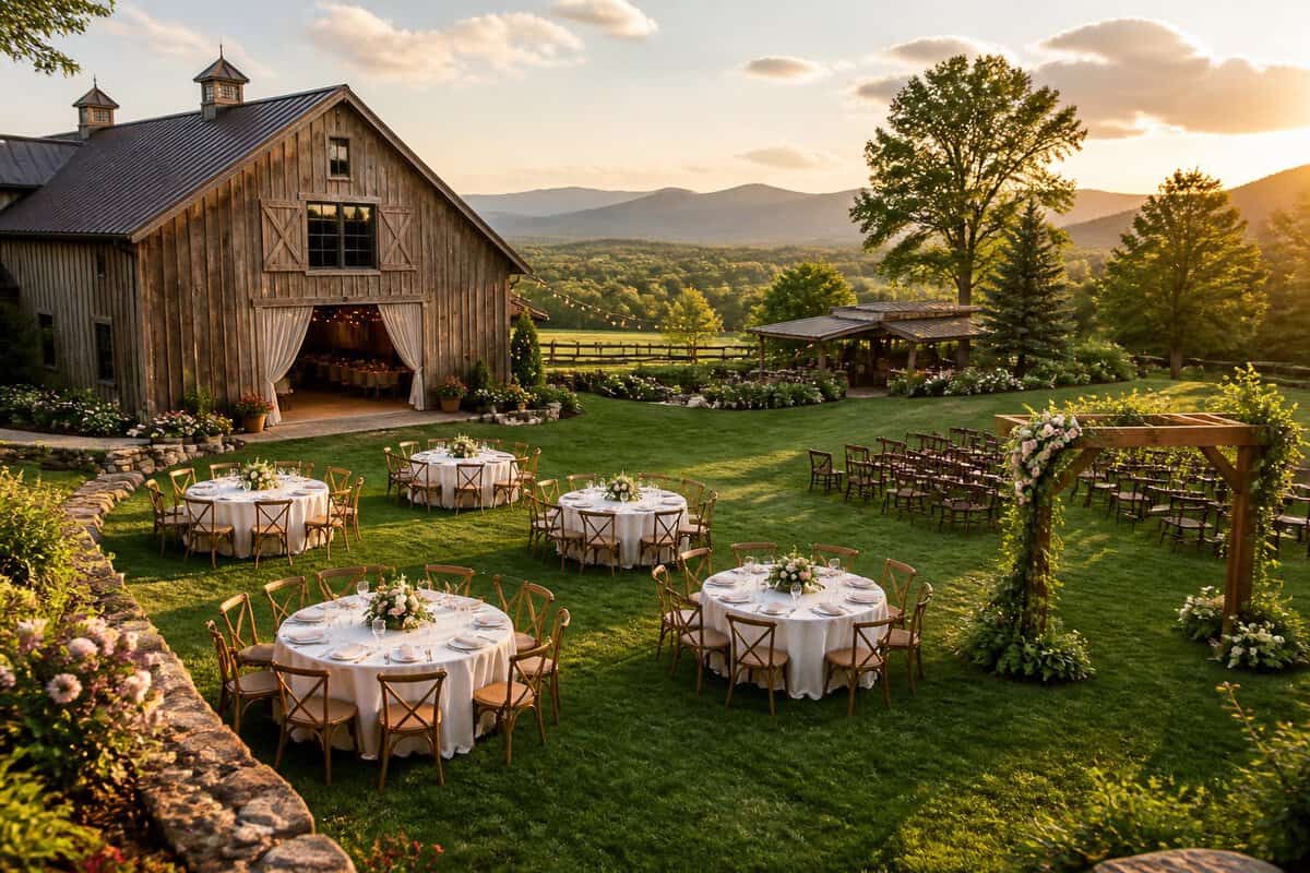 A simple wedding venue with a barn, garden ceremony area, tables, and rolling green hills.