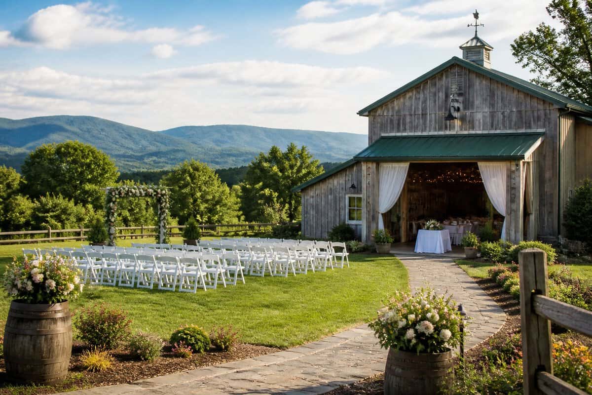 A welcoming country wedding venue surrounded by green hills and mountains in the Hudson Valley.