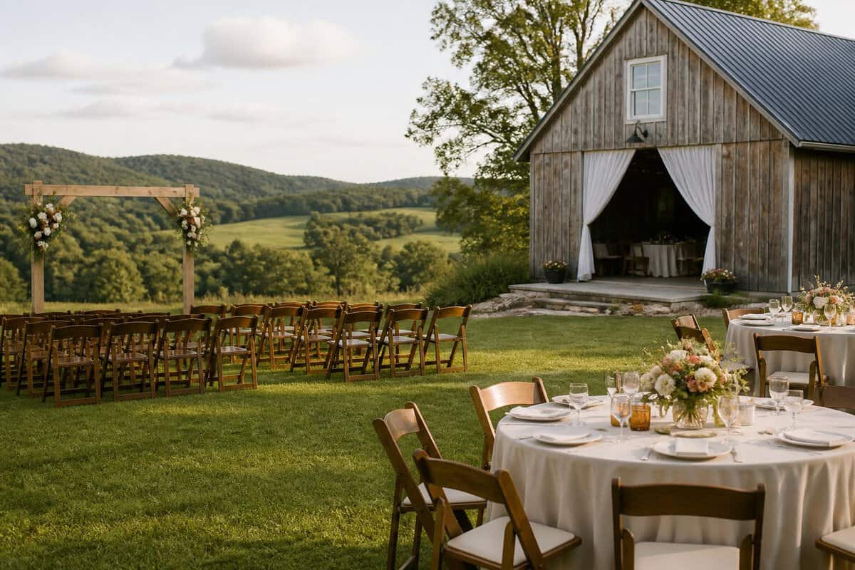 A simple outdoor wedding setup at a scenic Hudson Valley venue with chairs, flowers, and rolling green hills.