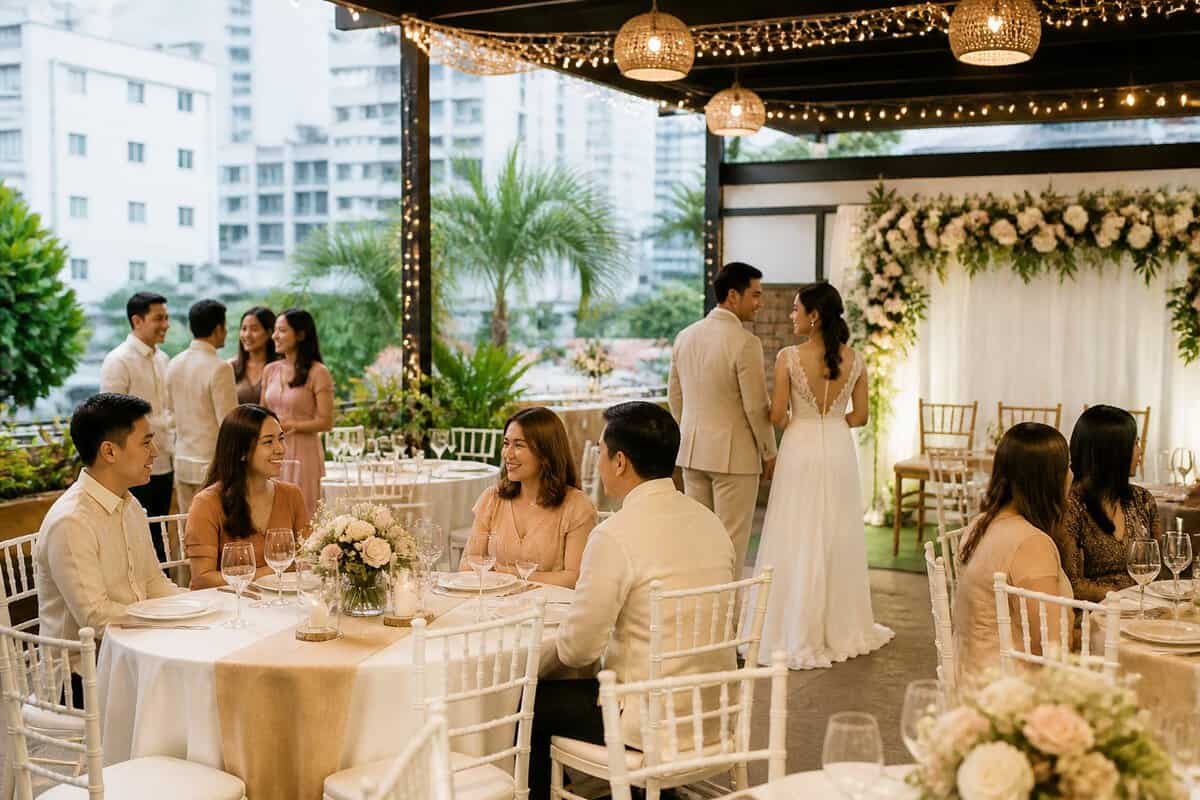A Filipino wedding reception in a modest, warmly decorated garden venue in Manila.