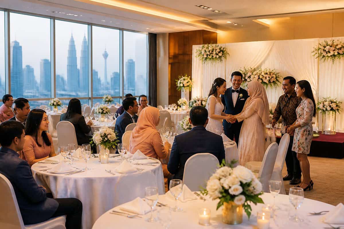 A newlywed couple and guests celebrate in an elegant, budget-friendly wedding venue with simple decorations and a Kuala Lumpur skyline in the background.