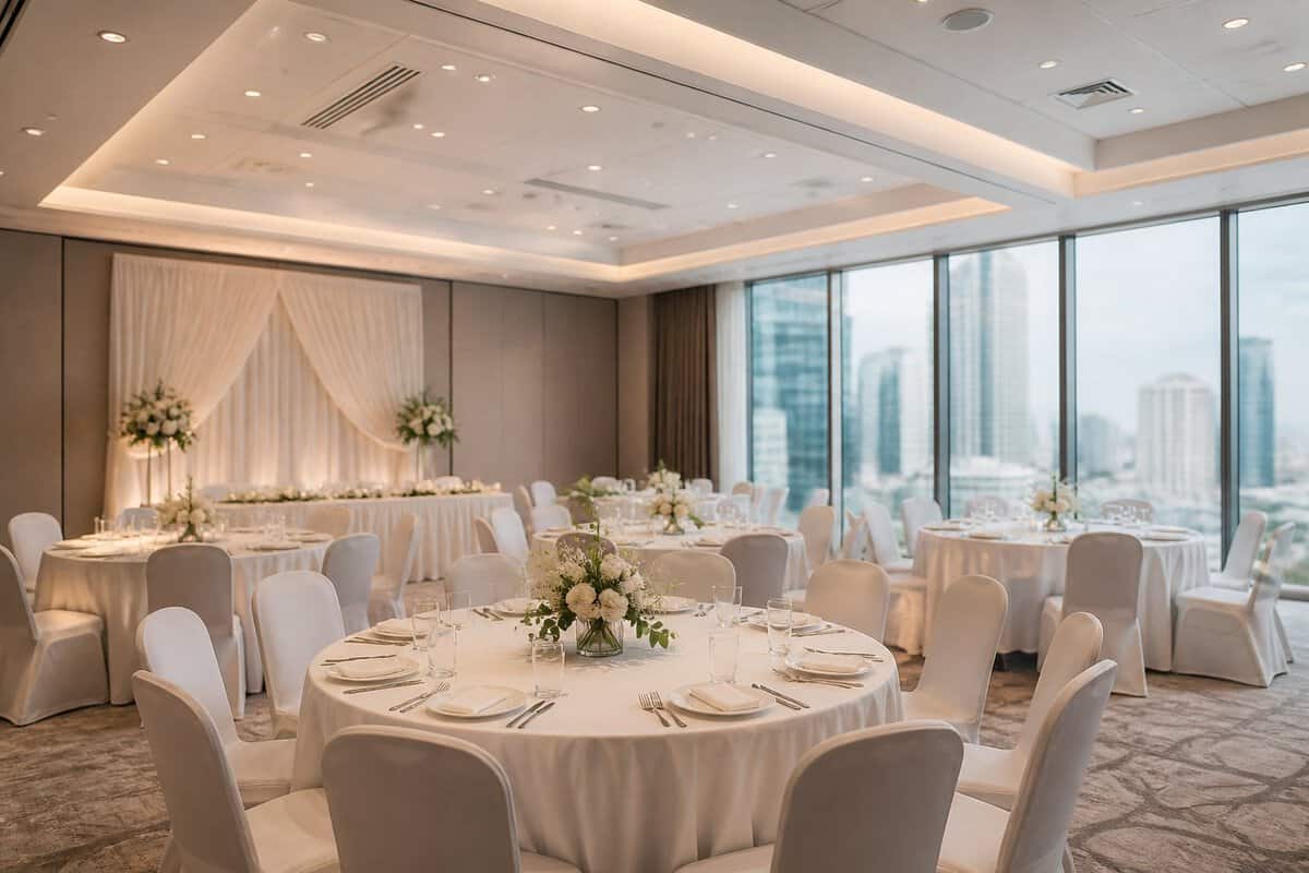 An elegant, budget-friendly wedding reception setup in a bright Kuala Lumpur venue.