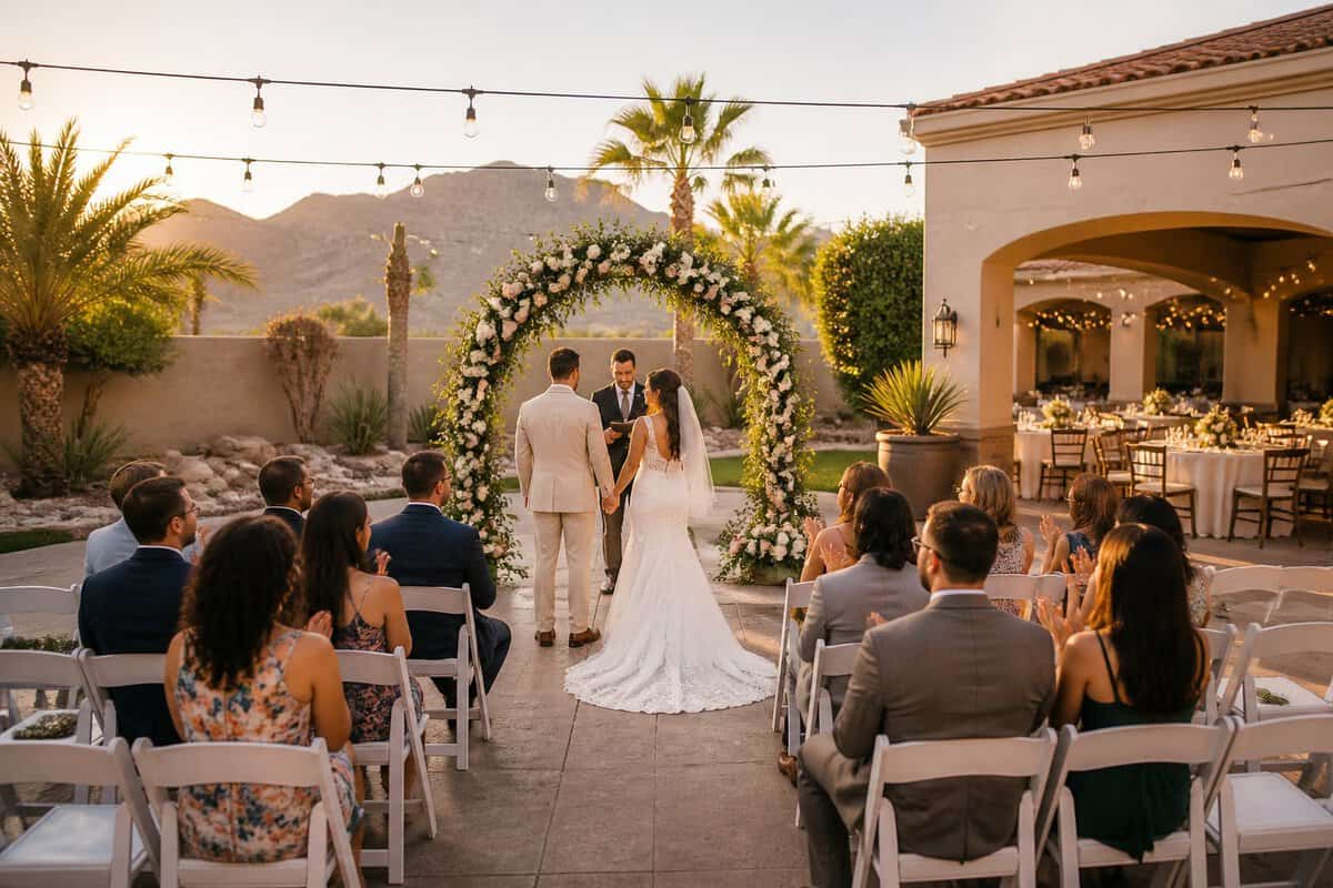 A couple celebrates with guests at an elegant outdoor wedding venue in Las Vegas.