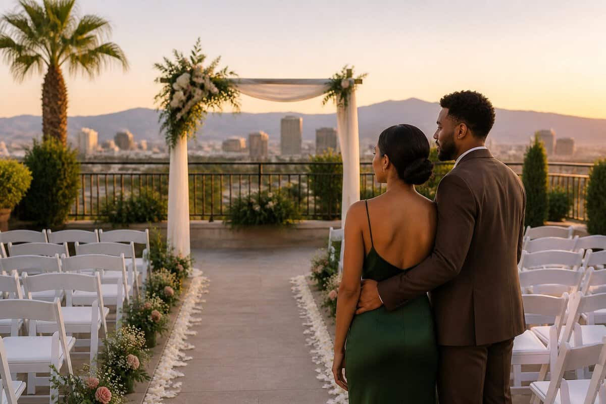 A couple views a simple outdoor wedding ceremony setup at an affordable Las Vegas venue.