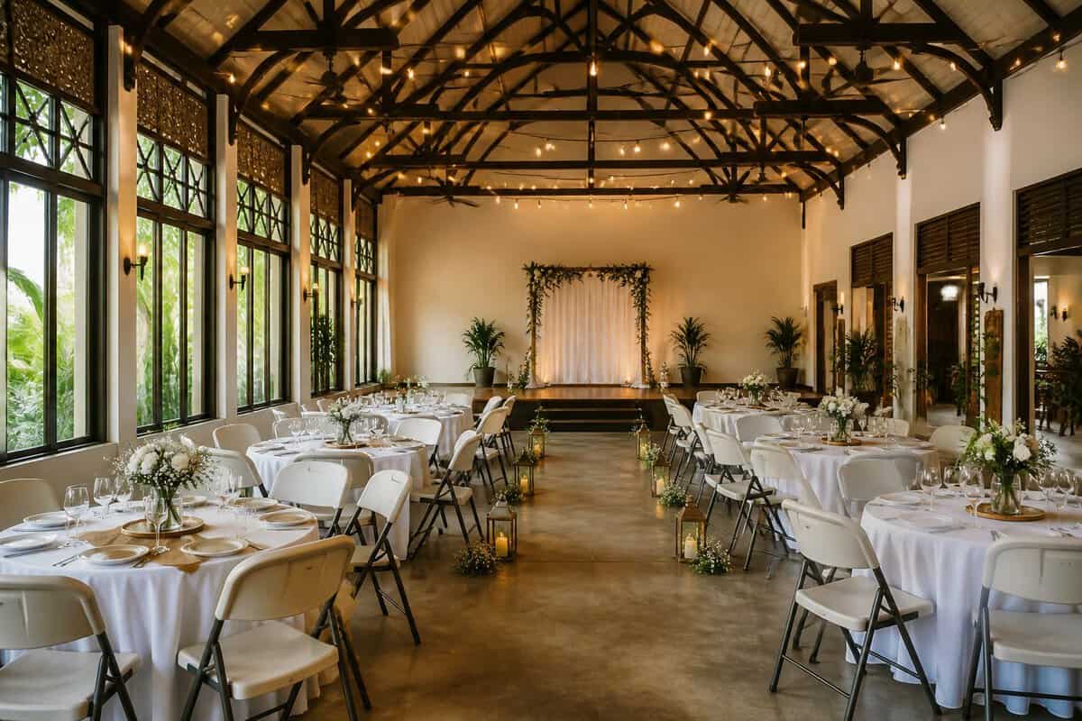 A modest wedding venue in Kuala Lumpur or Selangor with decorated tables, floral centerpieces, warm lights, and tropical greenery.