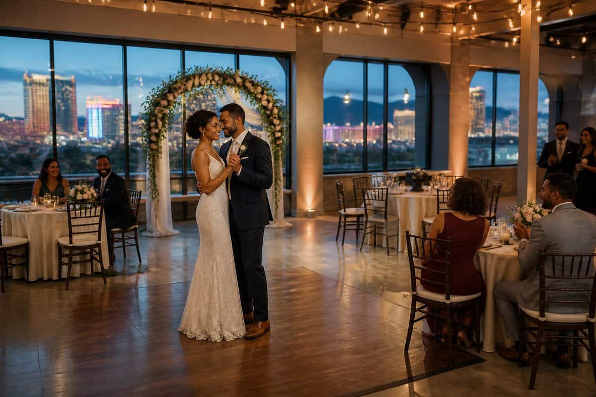 A couple and guests celebrate in a warmly decorated Las Vegas wedding venue with floral arrangements and city lights in the background.
