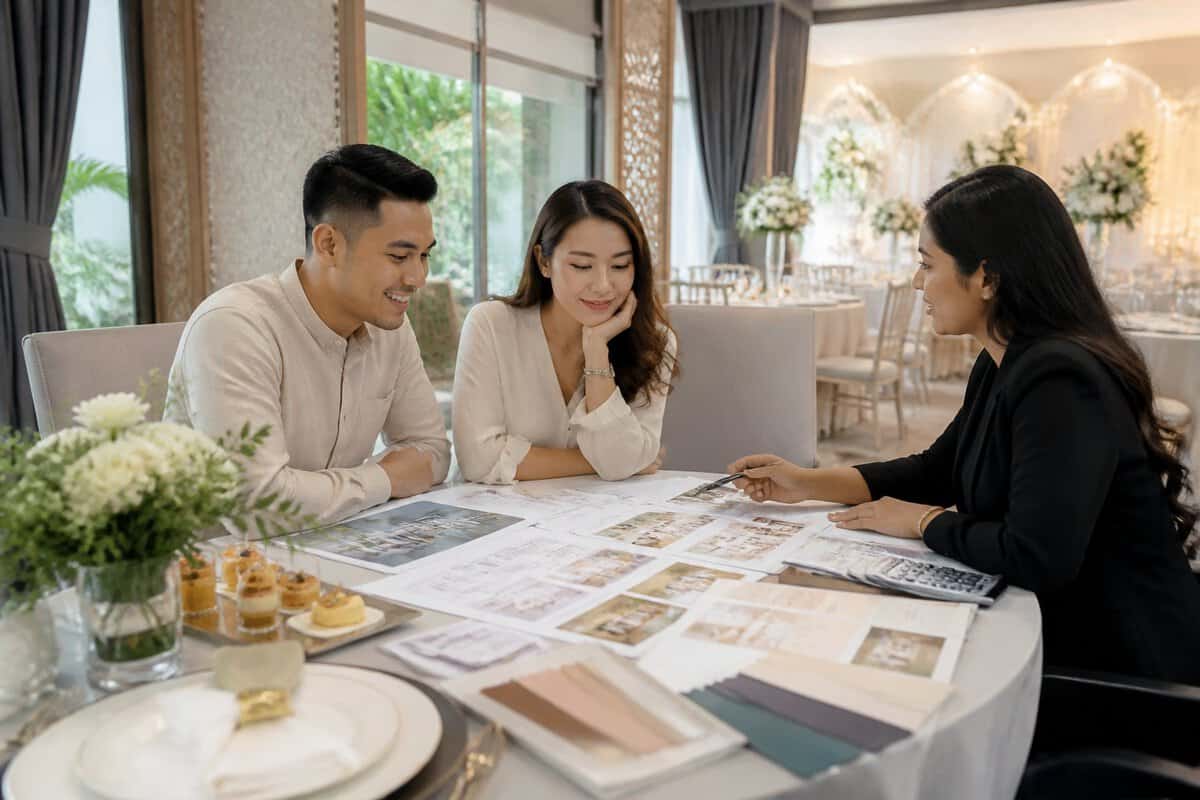 A couple compares wedding venue package details with a coordinator at an elegant Kuala Lumpur reception venue.